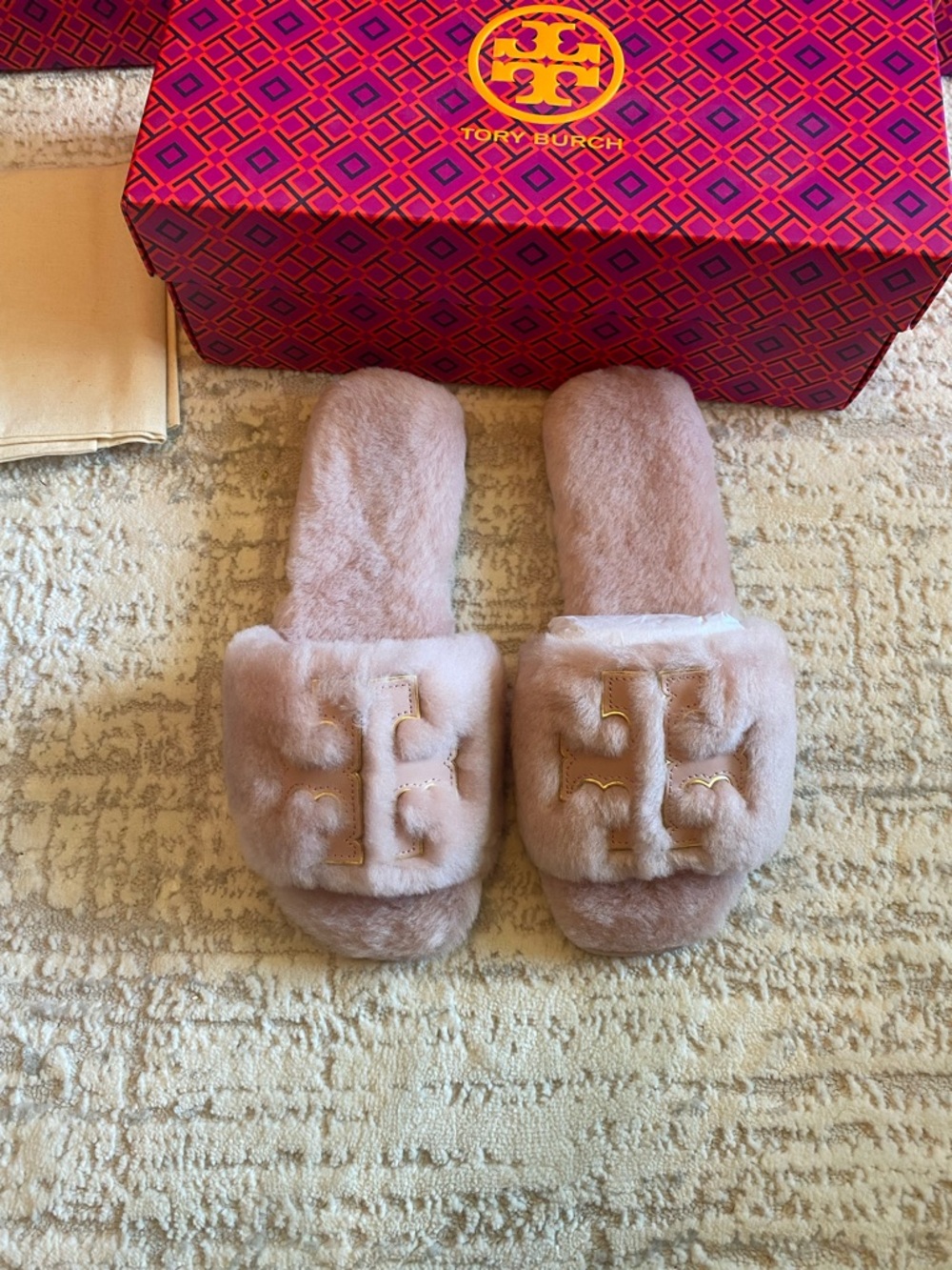 Tory Burch Blush Double T Shearling Slide Sandals/ Slipper